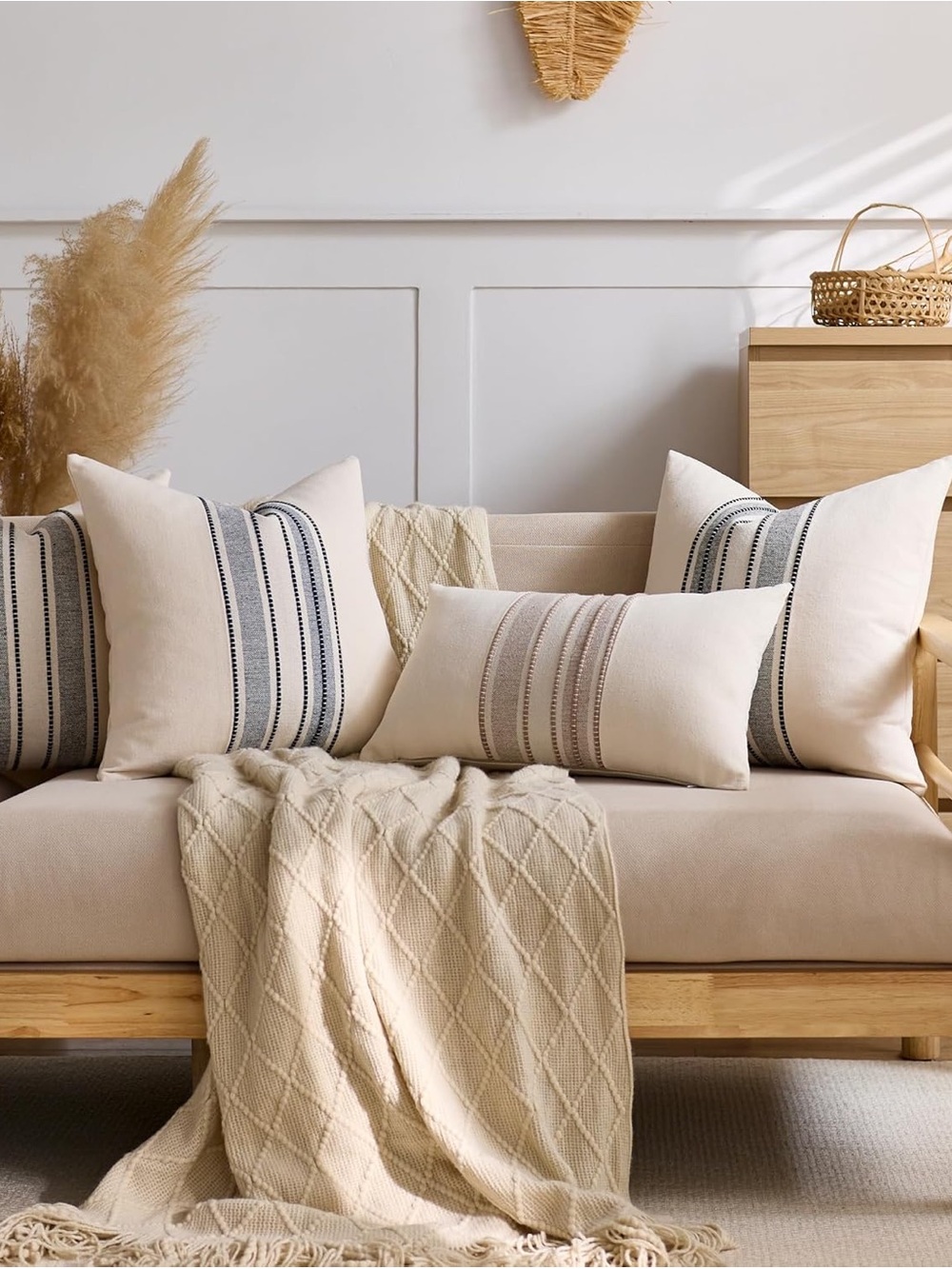 Striped Linen Textured Throw Pillow Covers 18x18 Inch Set of 2 - Picture 2 of 10